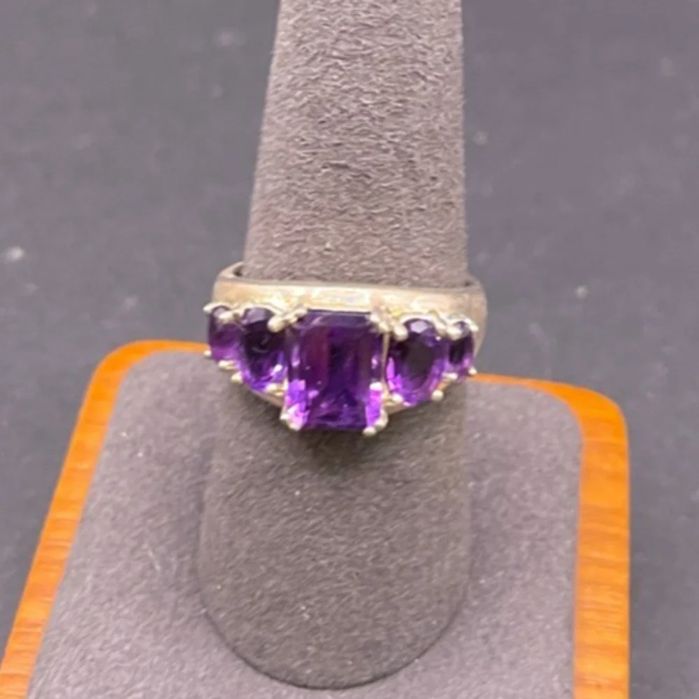 Vintage Sterling Silver 925 Amethyst 5-Stone Ring Emerald Oval Cut Size 9